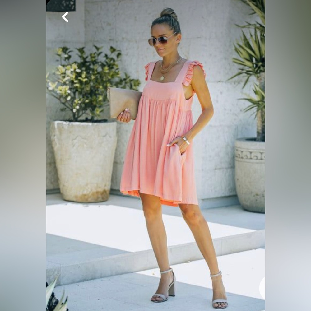 Vici- Issy Pocketed Ruffle Babydoll Dress - Coral - Small